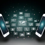 Modern communication technology illustration with smartphones with a holographic background.