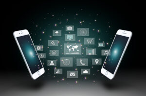 Modern communication technology illustration with smartphones with a holographic background.