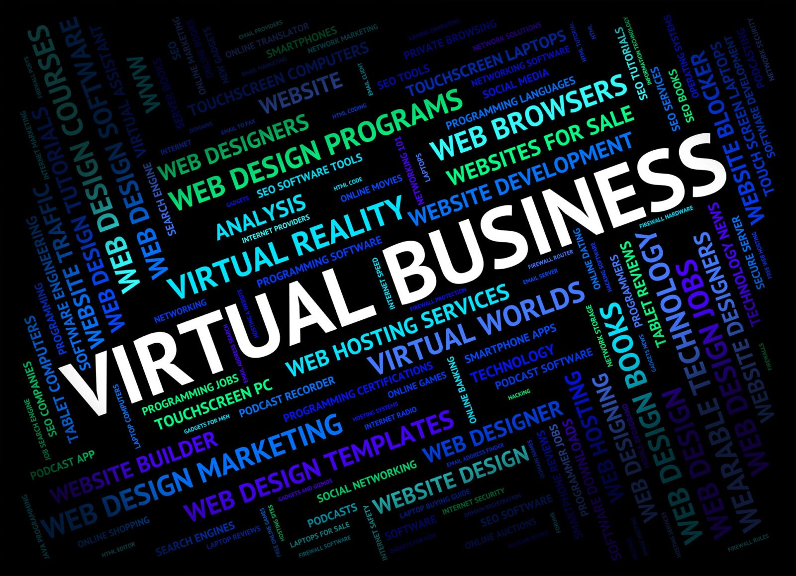 Virtual Business in White font with a montage of words describing business success surrounding it in blue and teal font.